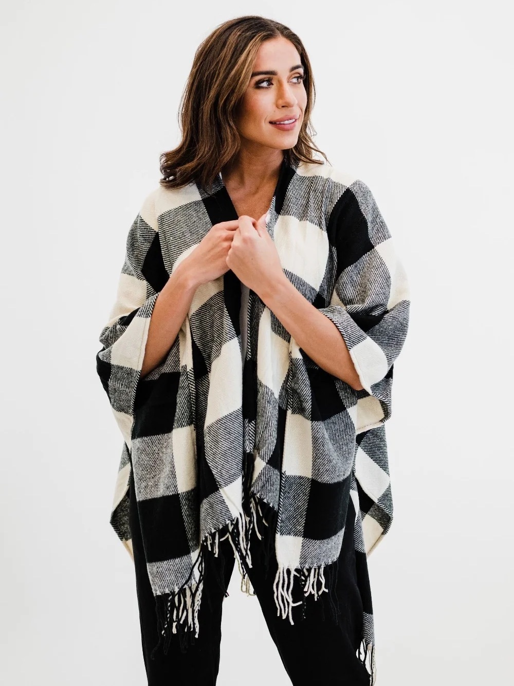J. Crew Black & Cream Buffalo Plaid Cape Scarf w/Arm Holes & Fringe Bottom